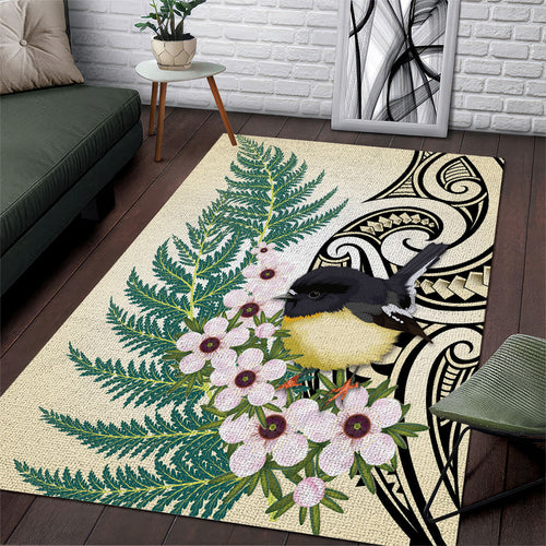 Endemic Tomtit New Zealand Area Rug Miromiro Manuka Silver Fern Maori Pattern