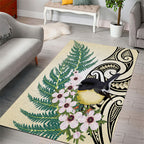 Endemic Tomtit New Zealand Area Rug Miromiro Manuka Silver Fern Maori Pattern