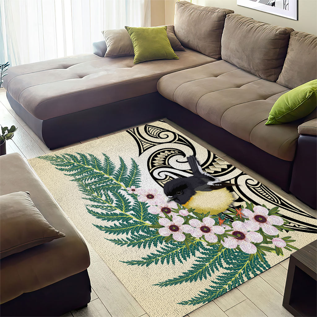 Endemic Tomtit New Zealand Area Rug Miromiro Manuka Silver Fern Maori Pattern
