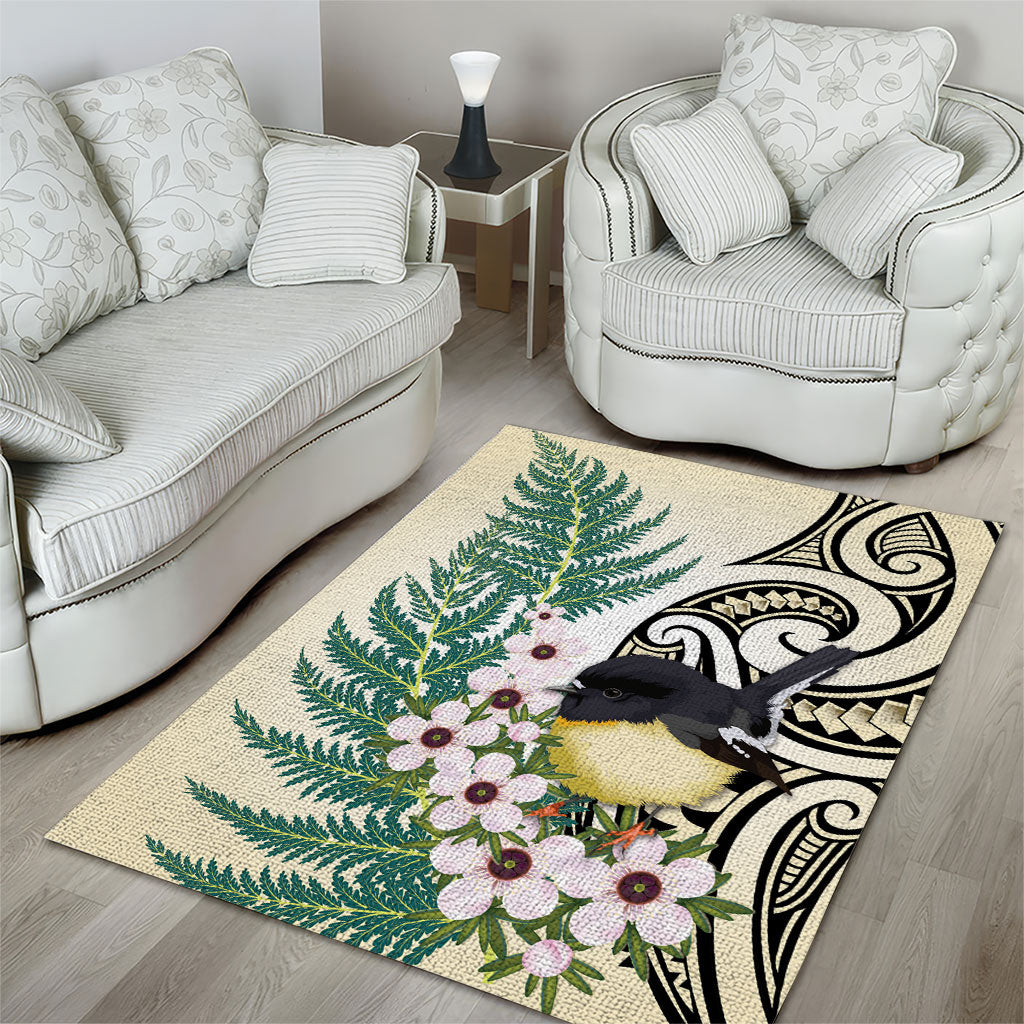 Endemic Tomtit New Zealand Area Rug Miromiro Manuka Silver Fern Maori Pattern