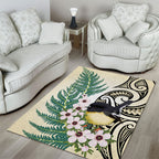 Endemic Tomtit New Zealand Area Rug Miromiro Manuka Silver Fern Maori Pattern