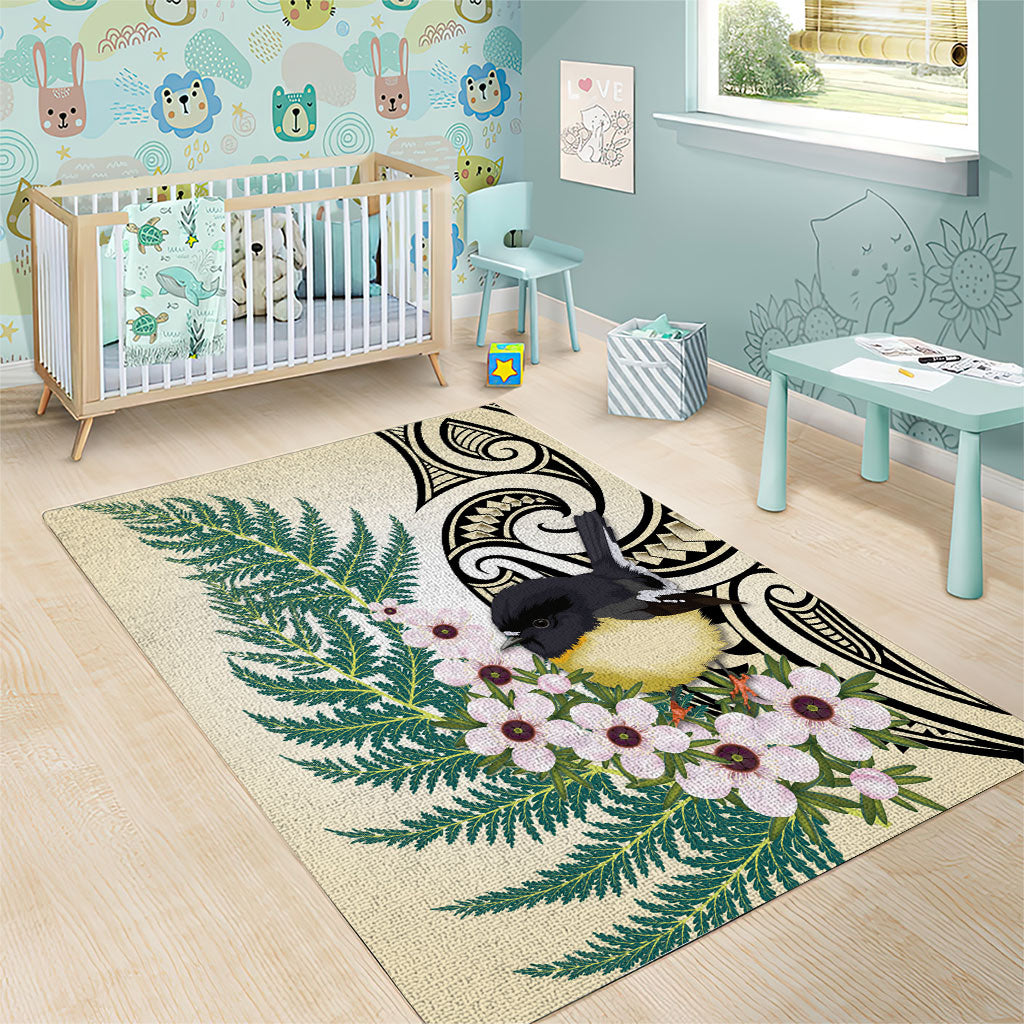 Endemic Tomtit New Zealand Area Rug Miromiro Manuka Silver Fern Maori Pattern