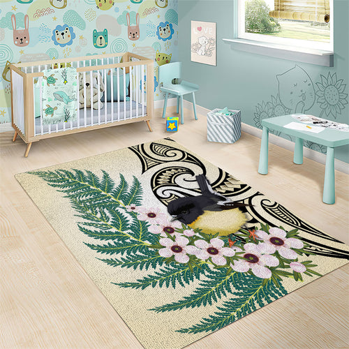 Endemic Tomtit New Zealand Area Rug Miromiro Manuka Silver Fern Maori Pattern