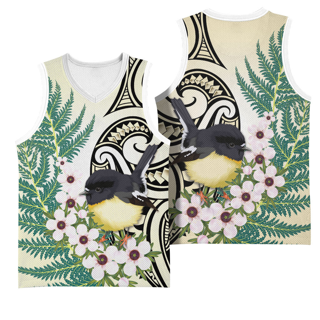 Endemic Tomtit New Zealand Basketball Jersey Miromiro Manuka Silver Fern Maori Pattern