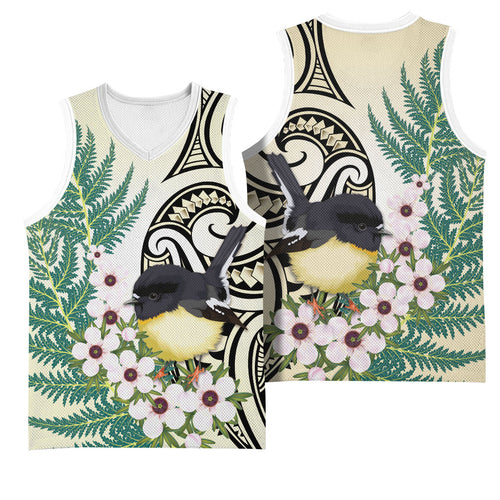 Endemic Tomtit New Zealand Basketball Jersey Miromiro Manuka Silver Fern Maori Pattern