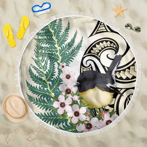 Endemic Tomtit New Zealand Beach Blanket Miromiro Manuka Silver Fern Maori Pattern