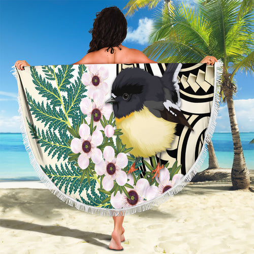 Endemic Tomtit New Zealand Beach Blanket Miromiro Manuka Silver Fern Maori Pattern