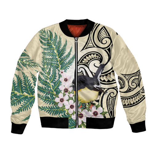 Endemic Tomtit New Zealand Bomber Jacket Miromiro Manuka Silver Fern Maori Pattern