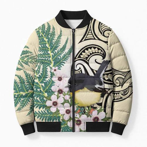 Endemic Tomtit New Zealand Bomber Puffer Jacket Miromiro Manuka Silver Fern Maori Pattern