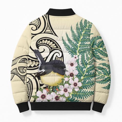 Endemic Tomtit New Zealand Bomber Puffer Jacket Miromiro Manuka Silver Fern Maori Pattern