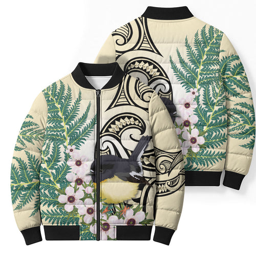 Endemic Tomtit New Zealand Bomber Puffer Jacket Miromiro Manuka Silver Fern Maori Pattern