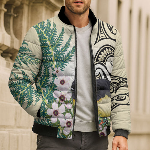 Endemic Tomtit New Zealand Bomber Puffer Jacket Miromiro Manuka Silver Fern Maori Pattern
