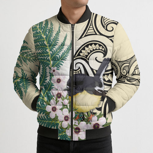 Endemic Tomtit New Zealand Bomber Puffer Jacket Miromiro Manuka Silver Fern Maori Pattern