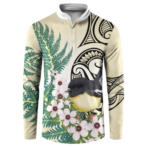 Endemic Tomtit New Zealand Button Sweatshirt Miromiro Manuka Silver Fern Maori Pattern
