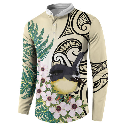 Endemic Tomtit New Zealand Button Sweatshirt Miromiro Manuka Silver Fern Maori Pattern