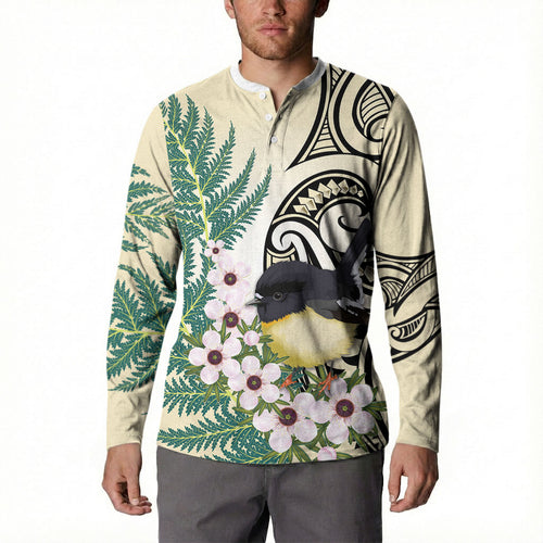 Endemic Tomtit New Zealand Button Sweatshirt Miromiro Manuka Silver Fern Maori Pattern