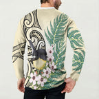 Endemic Tomtit New Zealand Button Sweatshirt Miromiro Manuka Silver Fern Maori Pattern