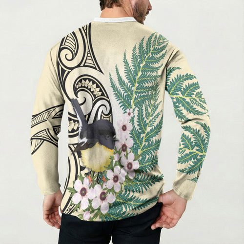 Endemic Tomtit New Zealand Button Sweatshirt Miromiro Manuka Silver Fern Maori Pattern
