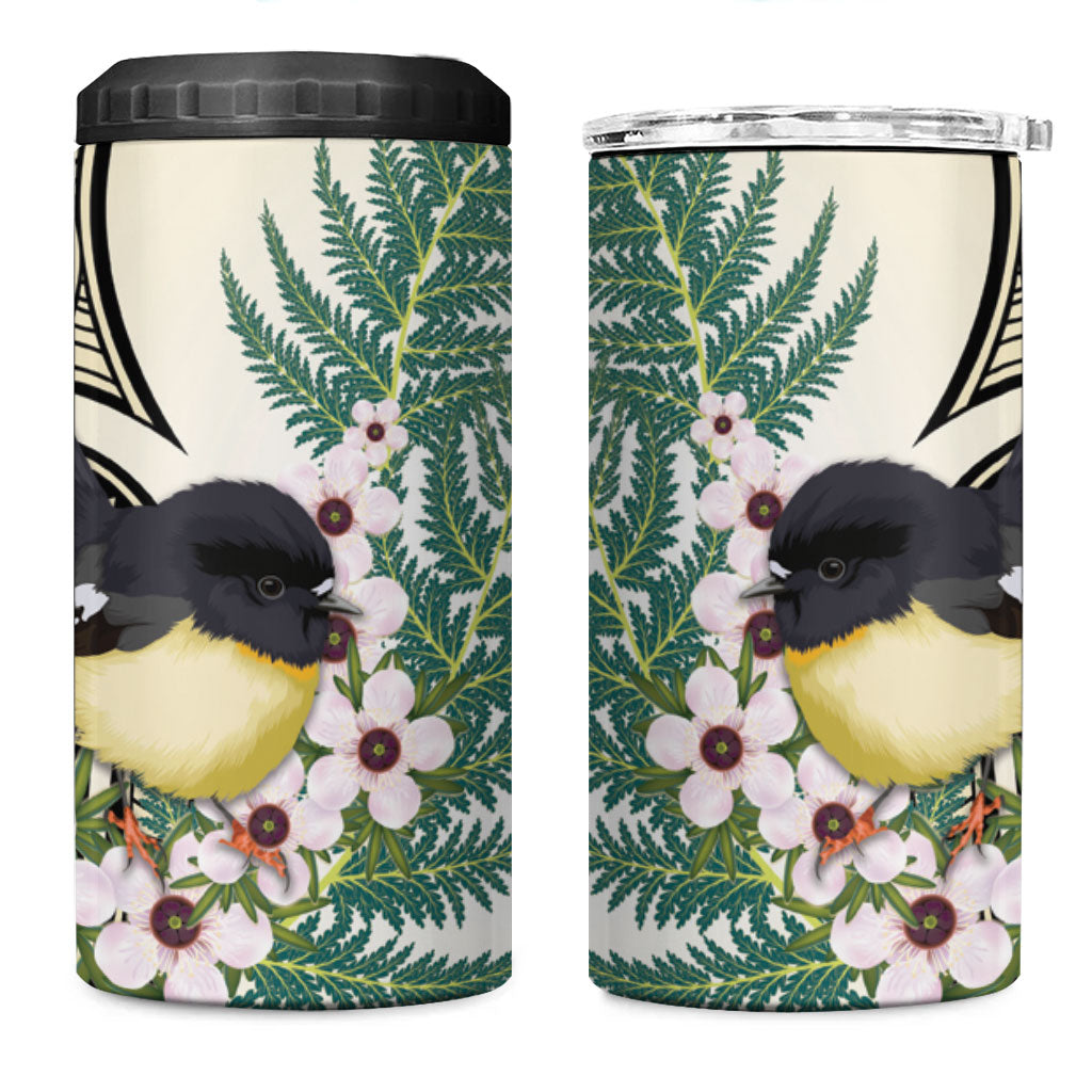 Endemic Tomtit New Zealand 4 in 1 Can Cooler Tumbler Miromiro Manuka Silver Fern Maori Pattern
