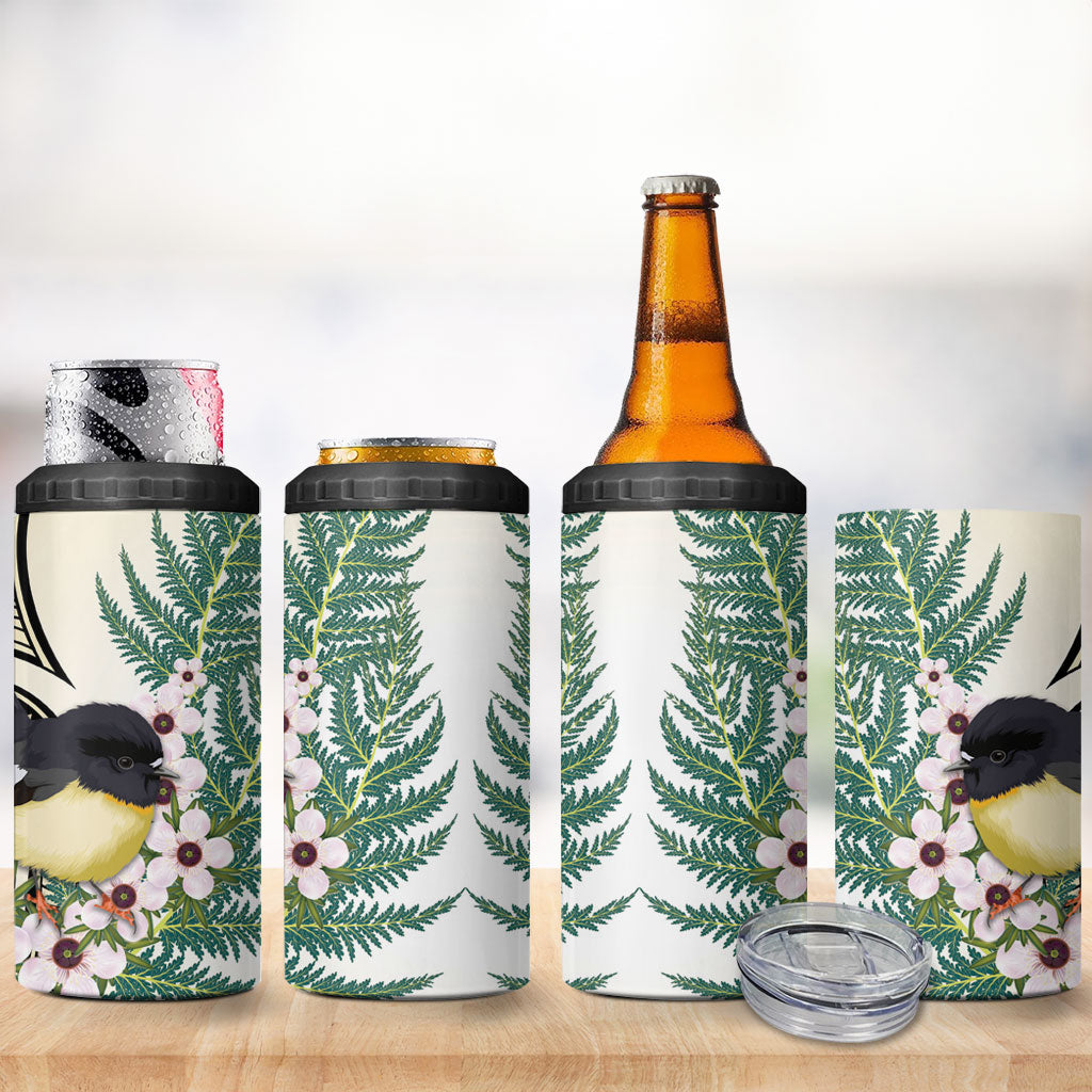 Endemic Tomtit New Zealand 4 in 1 Can Cooler Tumbler Miromiro Manuka Silver Fern Maori Pattern