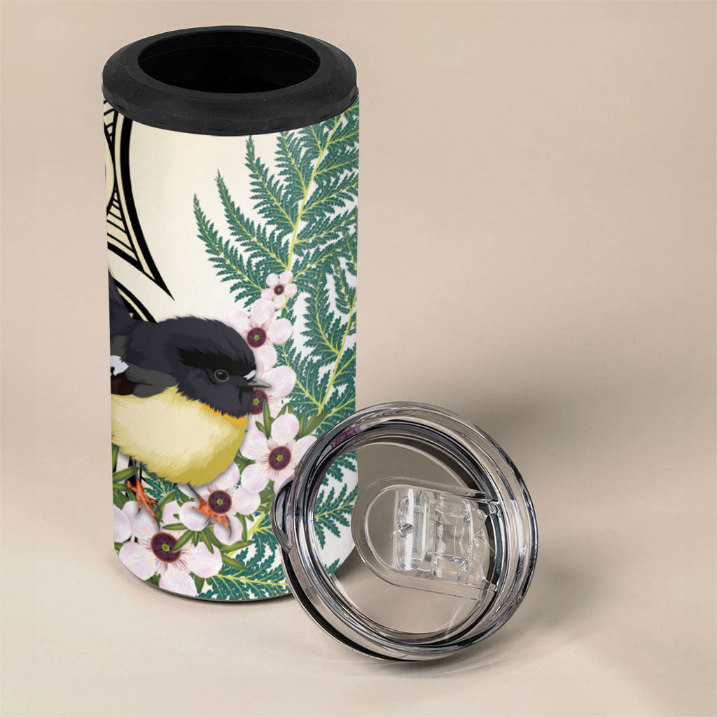 Endemic Tomtit New Zealand 4 in 1 Can Cooler Tumbler Miromiro Manuka Silver Fern Maori Pattern