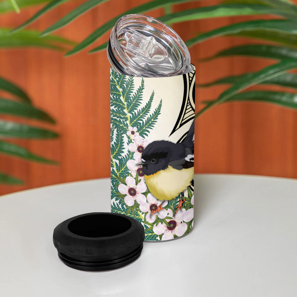 Endemic Tomtit New Zealand 4 in 1 Can Cooler Tumbler Miromiro Manuka Silver Fern Maori Pattern