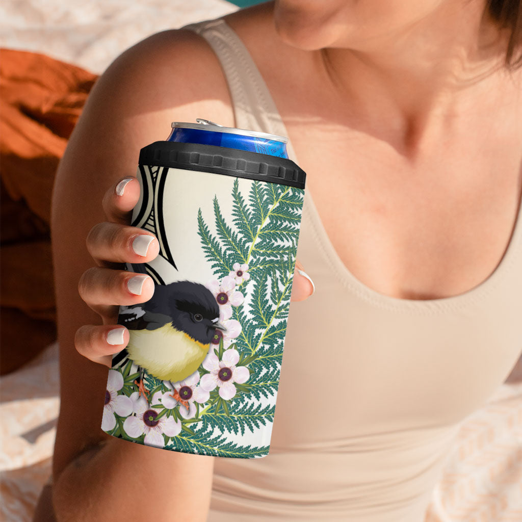 Endemic Tomtit New Zealand 4 in 1 Can Cooler Tumbler Miromiro Manuka Silver Fern Maori Pattern