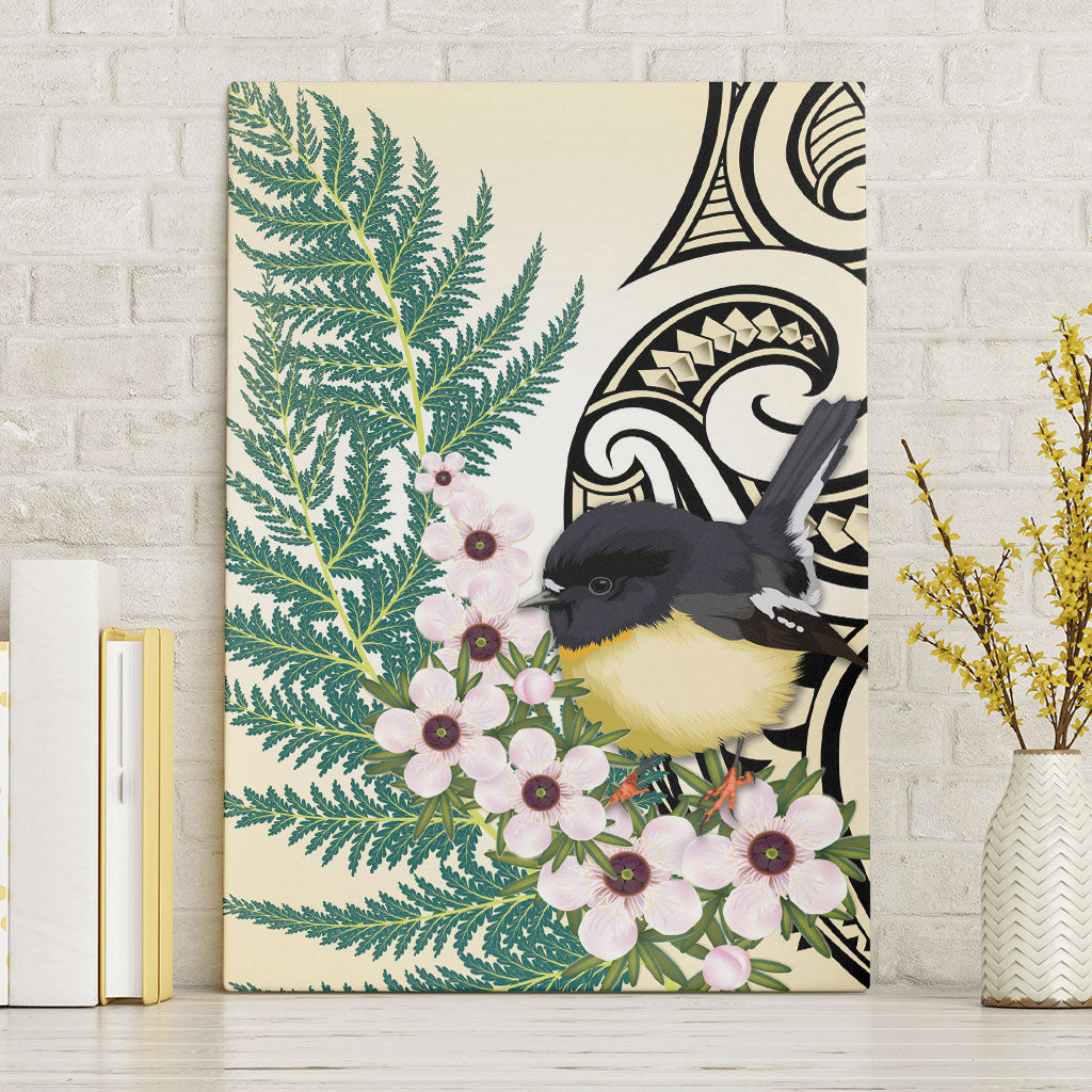 Endemic Tomtit New Zealand Canvas Wall Art Miromiro Manuka Silver Fern Maori Pattern