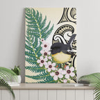 Endemic Tomtit New Zealand Canvas Wall Art Miromiro Manuka Silver Fern Maori Pattern
