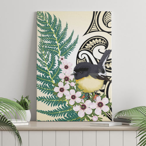 Endemic Tomtit New Zealand Canvas Wall Art Miromiro Manuka Silver Fern Maori Pattern