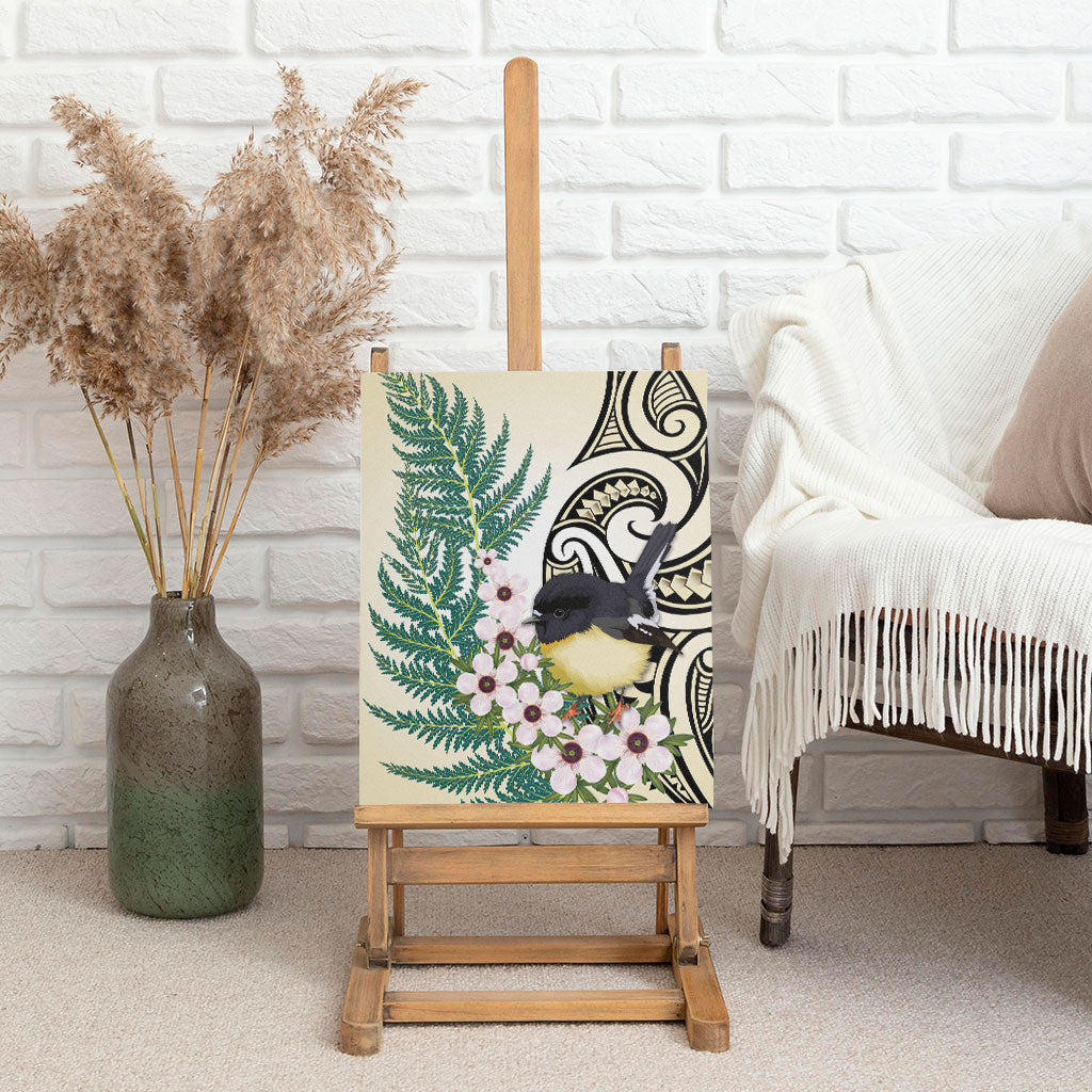 Endemic Tomtit New Zealand Canvas Wall Art Miromiro Manuka Silver Fern Maori Pattern