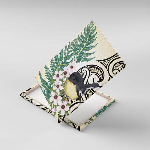 Endemic Tomtit New Zealand Canvas Wall Art Miromiro Manuka Silver Fern Maori Pattern