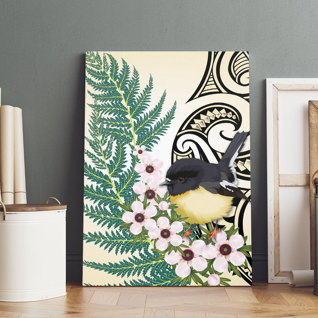 Endemic Tomtit New Zealand Canvas Wall Art Miromiro Manuka Silver Fern Maori Pattern