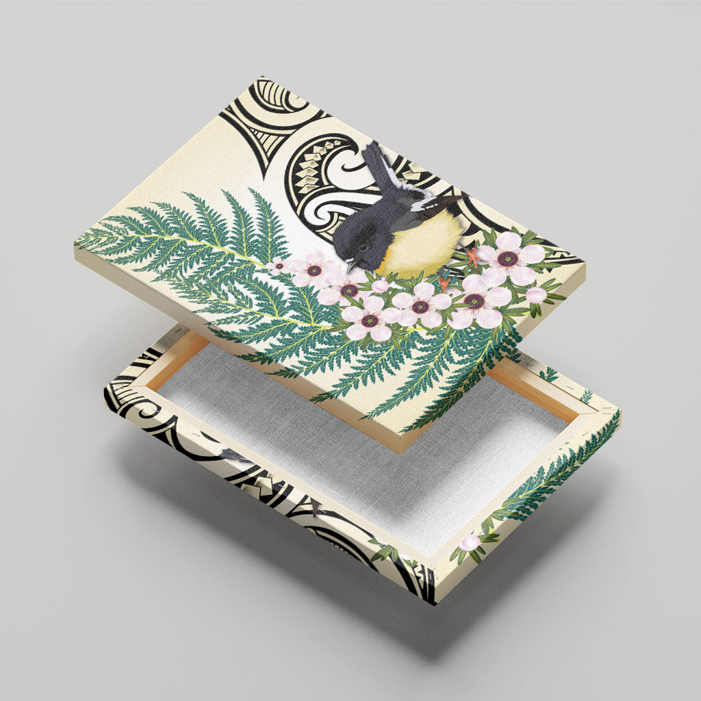 Endemic Tomtit New Zealand Canvas Wall Art Miromiro Manuka Silver Fern Maori Pattern