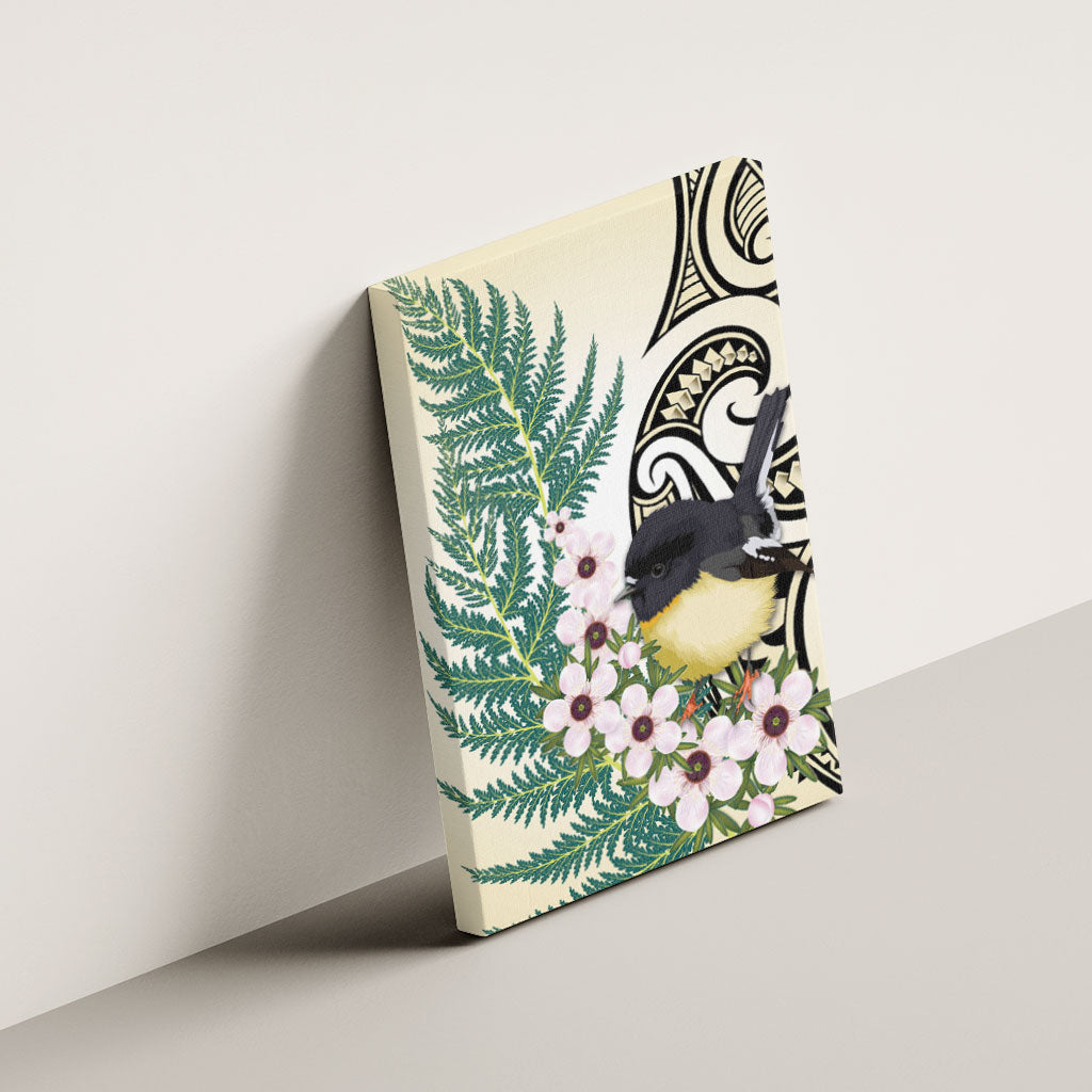 Endemic Tomtit New Zealand Canvas Wall Art Miromiro Manuka Silver Fern Maori Pattern
