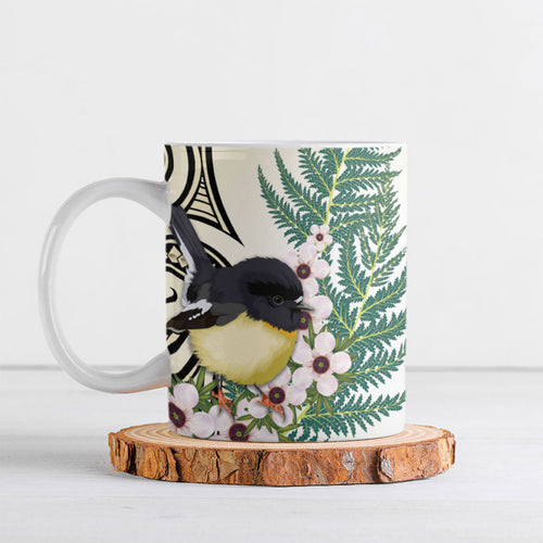 Endemic Tomtit New Zealand Ceramic Mug Miromiro Manuka Silver Fern Maori Pattern