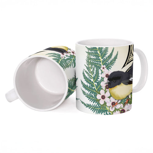 Endemic Tomtit New Zealand Ceramic Mug Miromiro Manuka Silver Fern Maori Pattern