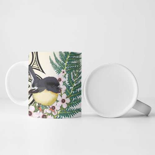 Endemic Tomtit New Zealand Ceramic Mug Miromiro Manuka Silver Fern Maori Pattern