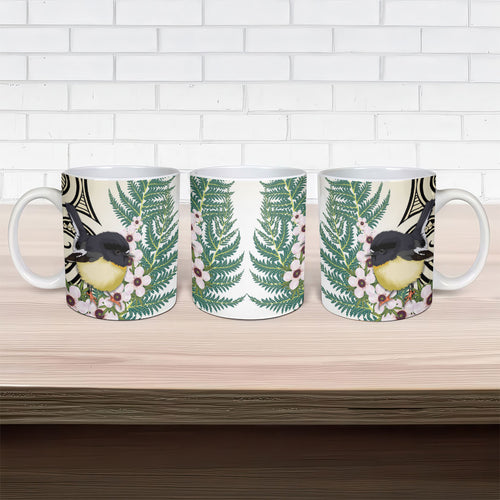 Endemic Tomtit New Zealand Ceramic Mug Miromiro Manuka Silver Fern Maori Pattern