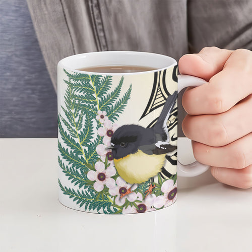 Endemic Tomtit New Zealand Ceramic Mug Miromiro Manuka Silver Fern Maori Pattern