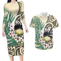 Endemic Tomtit New Zealand Couples Matching Long Sleeve Bodycon Dress and Hawaiian Shirt Miromiro Manuka Silver Fern Maori Pattern