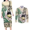 Endemic Tomtit New Zealand Couples Matching Long Sleeve Bodycon Dress and Long Sleeve Button Shirt Miromiro Manuka Silver Fern Maori Pattern