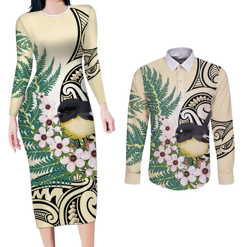 Endemic Tomtit New Zealand Couples Matching Long Sleeve Bodycon Dress and Long Sleeve Button Shirt Miromiro Manuka Silver Fern Maori Pattern