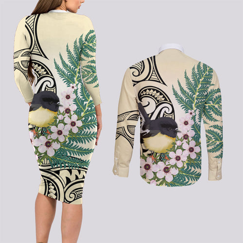 Endemic Tomtit New Zealand Couples Matching Long Sleeve Bodycon Dress and Long Sleeve Button Shirt Miromiro Manuka Silver Fern Maori Pattern