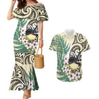 Endemic Tomtit New Zealand Couples Matching Mermaid Dress and Hawaiian Shirt Miromiro Manuka Silver Fern Maori Pattern
