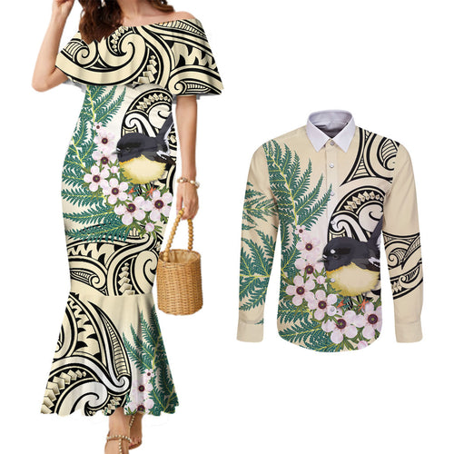 Endemic Tomtit New Zealand Couples Matching Mermaid Dress and Long Sleeve Button Shirt Miromiro Manuka Silver Fern Maori Pattern