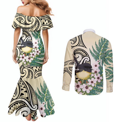 Endemic Tomtit New Zealand Couples Matching Mermaid Dress and Long Sleeve Button Shirt Miromiro Manuka Silver Fern Maori Pattern