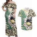 Endemic Tomtit New Zealand Couples Matching Off Shoulder Maxi Dress and Hawaiian Shirt Miromiro Manuka Silver Fern Maori Pattern