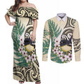 Endemic Tomtit New Zealand Couples Matching Off Shoulder Maxi Dress and Long Sleeve Button Shirt Miromiro Manuka Silver Fern Maori Pattern