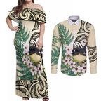 Endemic Tomtit New Zealand Couples Matching Off Shoulder Maxi Dress and Long Sleeve Button Shirt Miromiro Manuka Silver Fern Maori Pattern